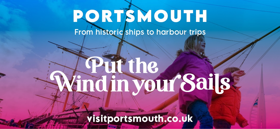 Photograph of two girls enjoying Portsmouth Historic Dockyard, overlaid with the text Portsmouth: Put the Wind in Your Sails